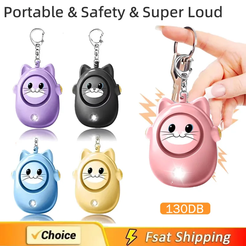 Cute Cat Personal Self Defense Alarm Light 130db Self Defense Siren Safety Alarm For Outdoor Women Girl Personal Keychain Alarm