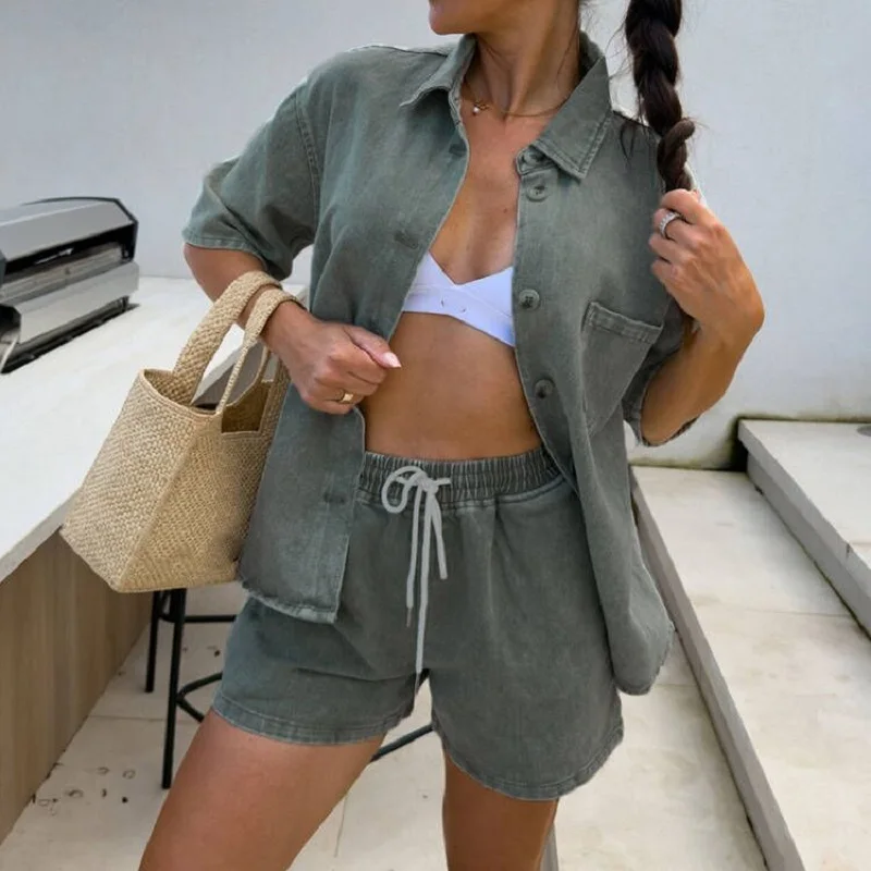 

High Street 2 шт. женский джинсовый костюм женские новые модные рубашки с короткими рукавами на пуговицах и шорты на шнурке костюм женские повседневные комплекты одежды