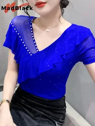 MadBlack Summer Euroepan Clothes Tshirts Female Sexy V Necks Glitter Diamonds Slim Mesh Tops Short Sleeves Elastic Tees T35247C