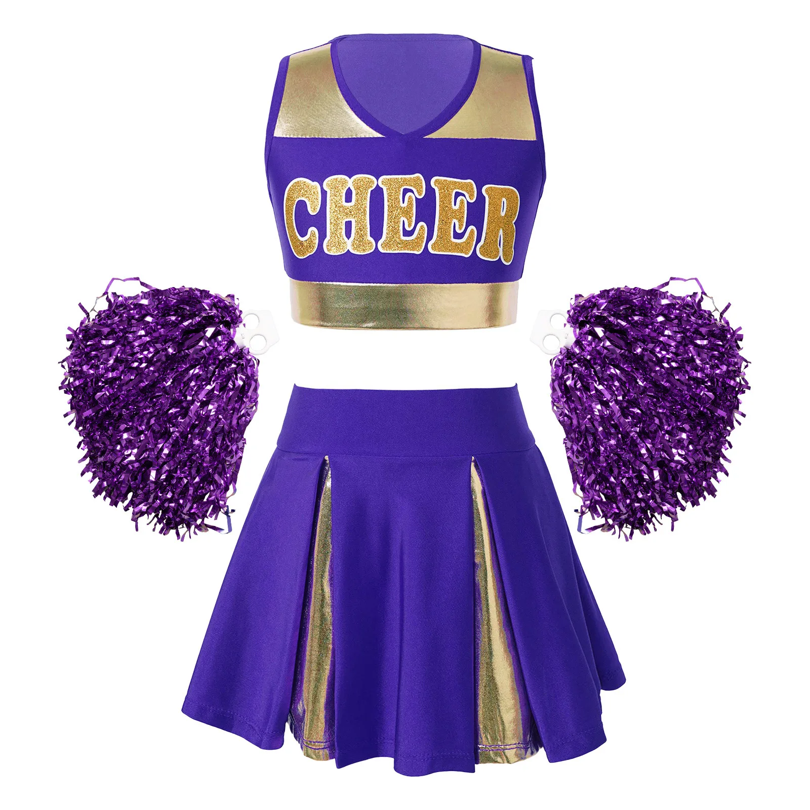 

Kids Girls Cheerleading Uniform Sleeveless V Neckline Letters Print Crop Top with Pleated Skirt Schoolgirl Dance Cosplay Costume