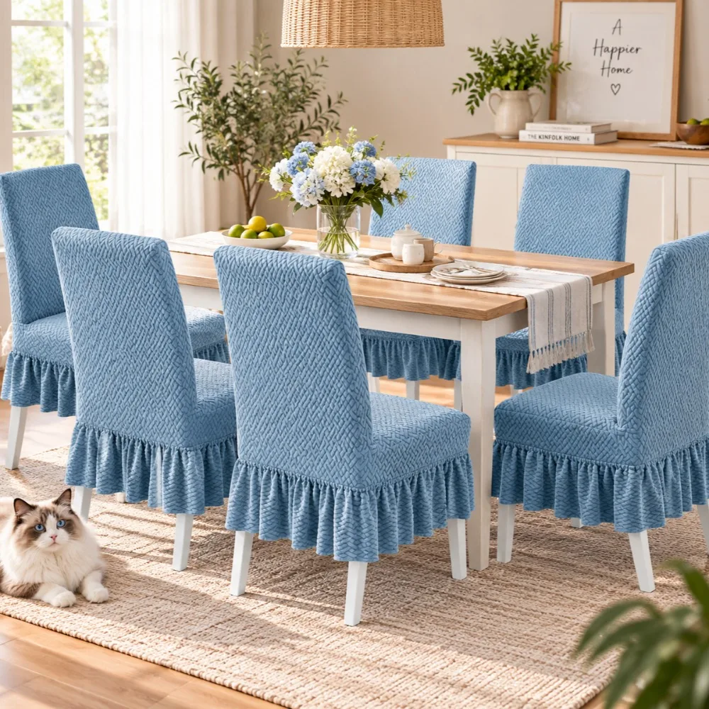 Jacquard Universal Dining Chair Cover Stretch Slipcover Integrated Backrest Skirt Hem Elastic Chair Protector for Home Kitchen