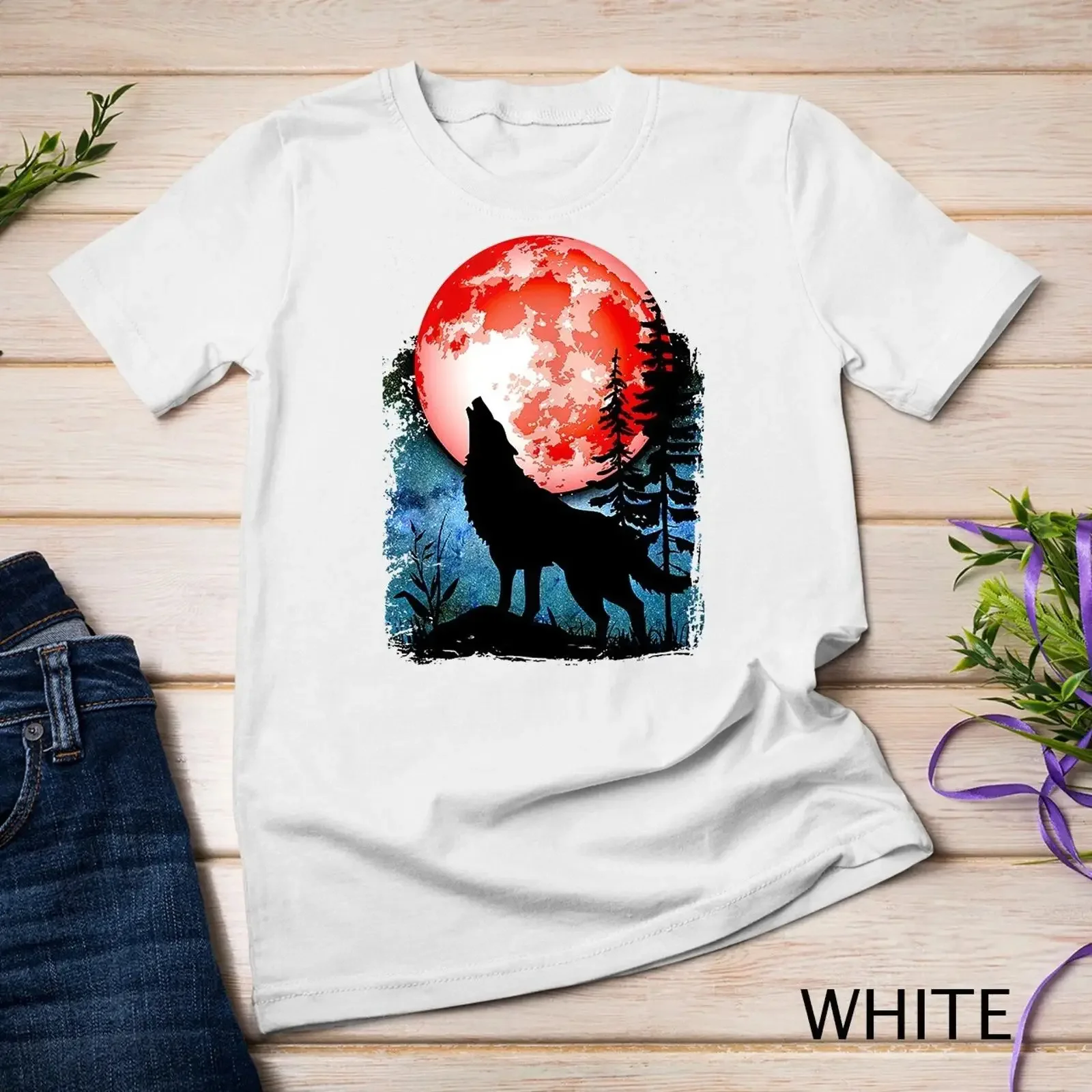 Wolf Howling Red Blood Moon Galaxy Star Night Lunar Eclipse T shirt vintage Washed Unisex homme designer clothes Breathable