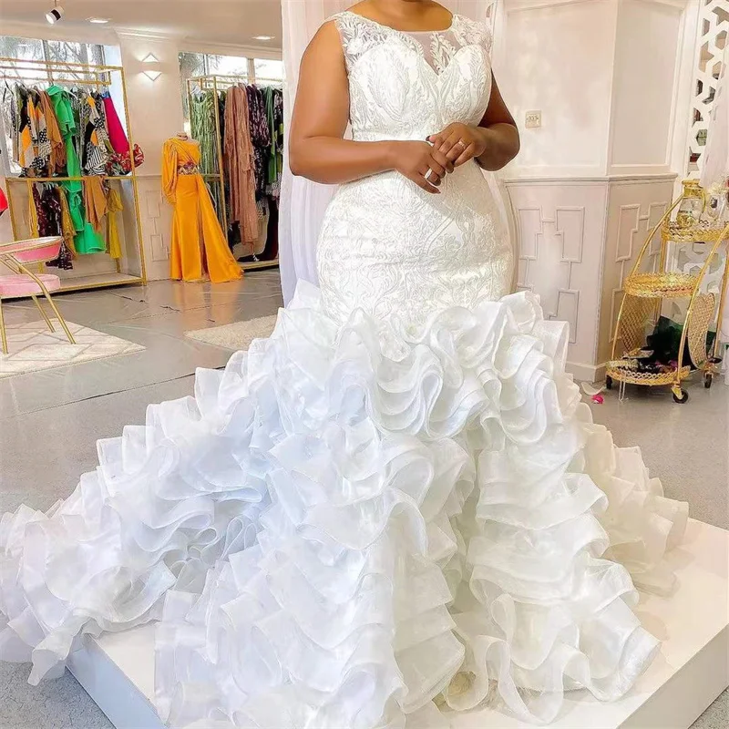 Vestidos De novia De sirena De estilo árabe, apliques De cuello redondo De encaje, vestidos De noche largos para fiesta De novia, bata De Soirée De Mariage personalizada