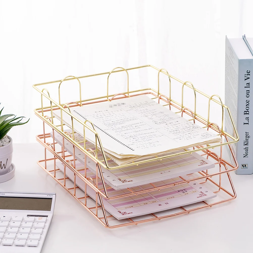 

Metal Stackable Document Storage Rack File Basket Iron Paper Container Golden Office Desktop Document Organizer Storage Rack