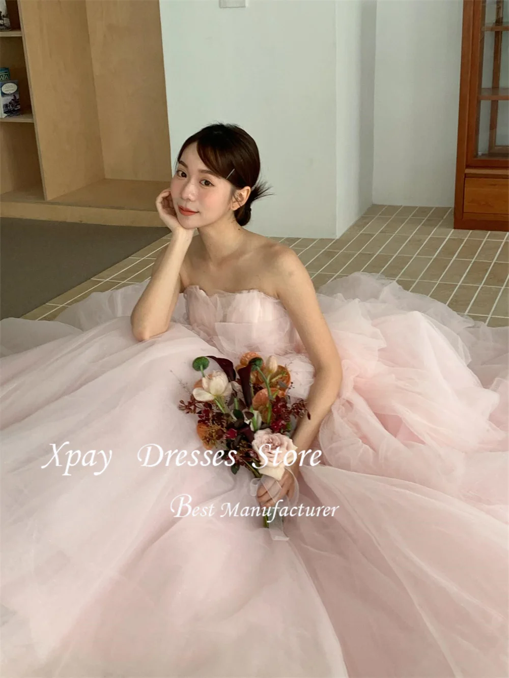 فساتين XPAY Princess Pink بدون حمالات بطيات كورية على شكل حرف a للحفلات لالتقاط الصور بطول الأرض فساتين منتفخة مخصصة