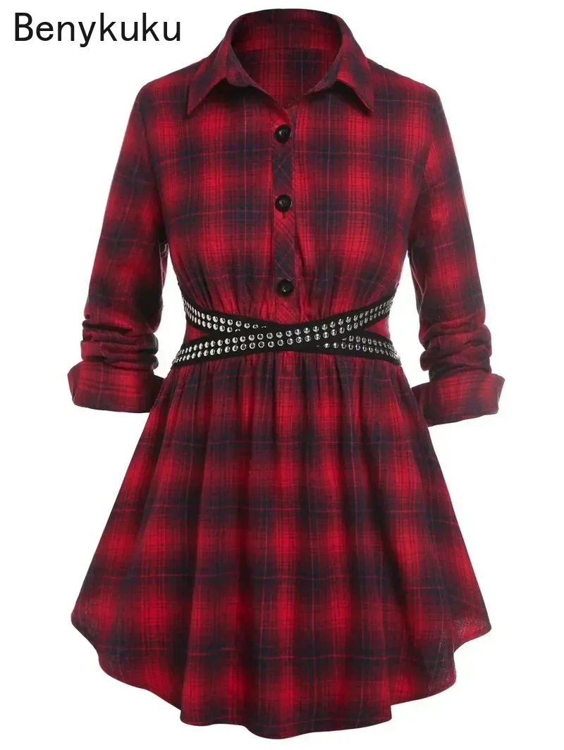 

Turn Down Collar Vintage Red Plaid Shirt Dress 2024 Spring Autumn Women Gothic Clothes Casual Robe Long Sleeve Belted Mini Dress