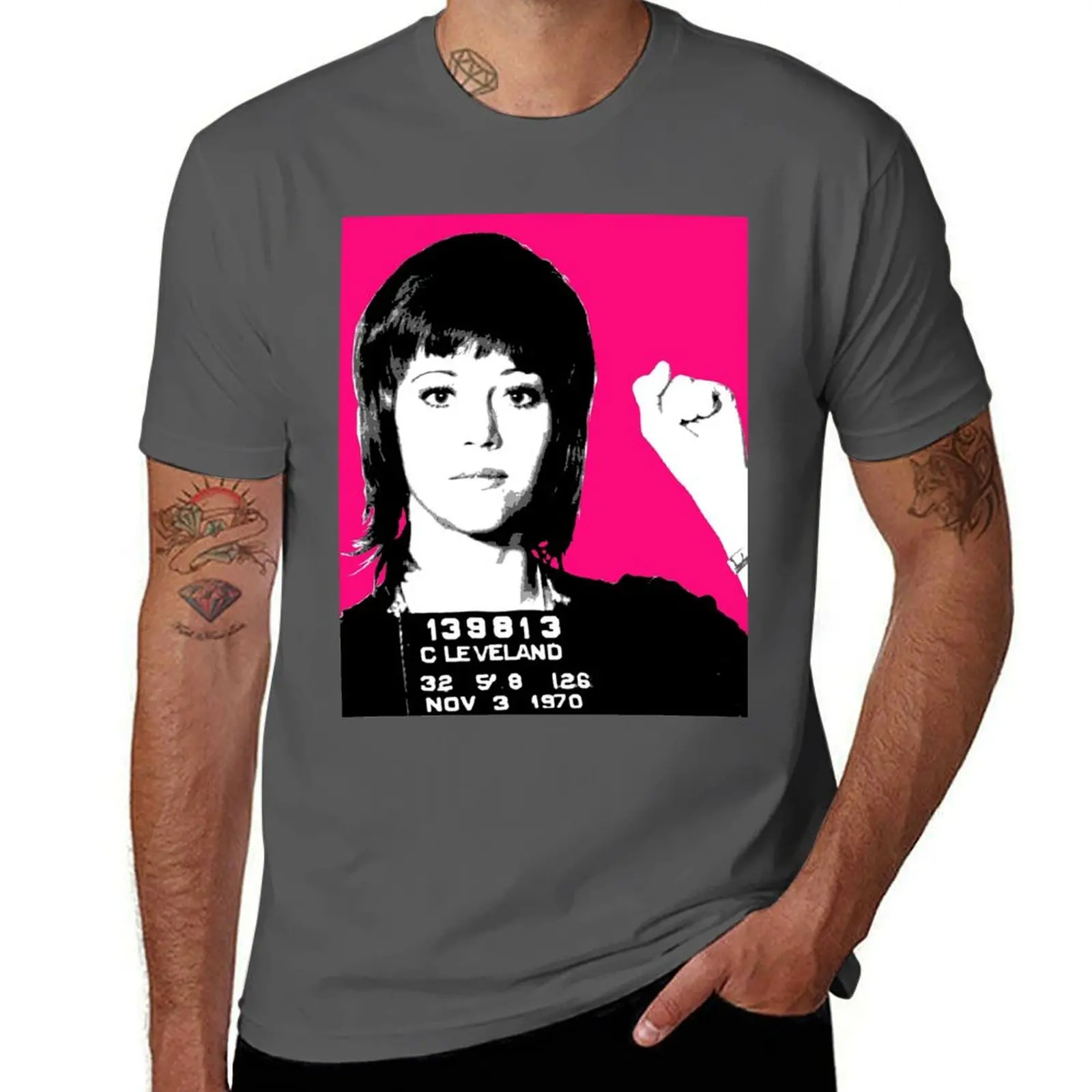 Jane Fonda Mug Shot - Pink T-Shirt t shirts for man cotton soft man graphic t shirt t shirts for man pack cotton T-Shirt #1