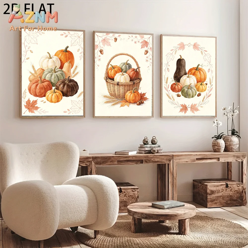 AZNM Frameless Canvas Wall Art, Watercolor Autumn Pumpkin Basket Print, Maple Leaf Wheat Harvest Art Poster for Thanksgiving Kit