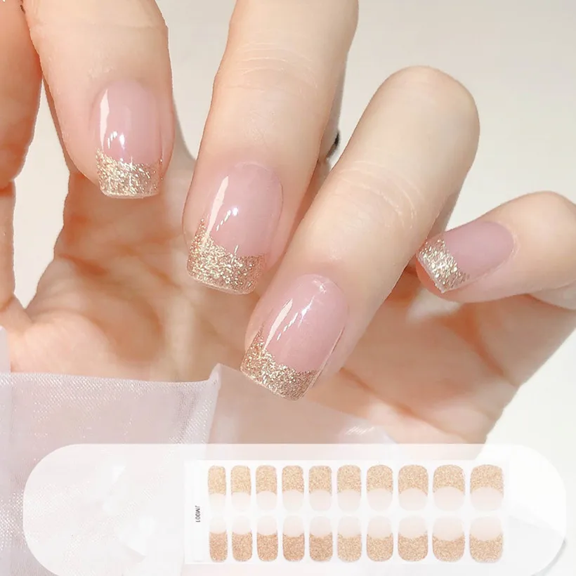 French Gold Edge Semi-Cured Gel Nail Wraps Simple Color Adhesive Waterproof Long Lasting Gel Nail Stickers set for UV Lamp Need