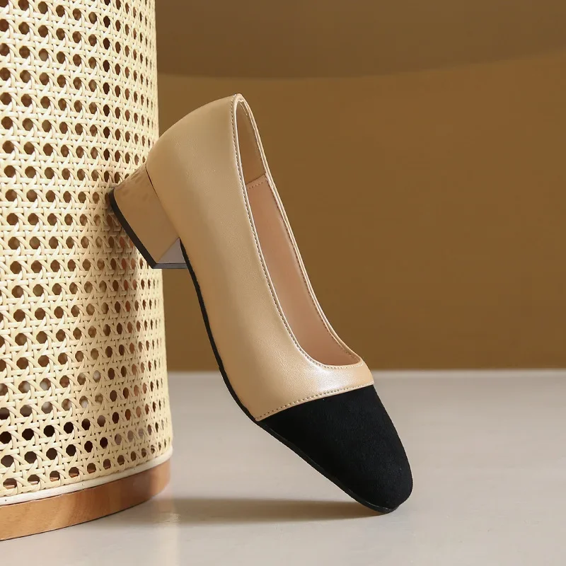 新しい革パッチワークヒールシングルシューズ女性スクエアトゥ浅い口ローヒールフォーマルサンダルファム-zapatos-mujer-sapatos