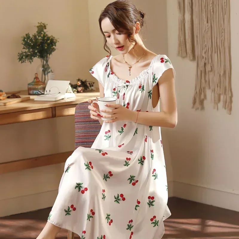 Plus Size 4XL Sexy Spaghetti Strap Ladies Nightwear Luxury Floral Print Elegant Womens Satin Silk Nightgown Women Sleepshirts