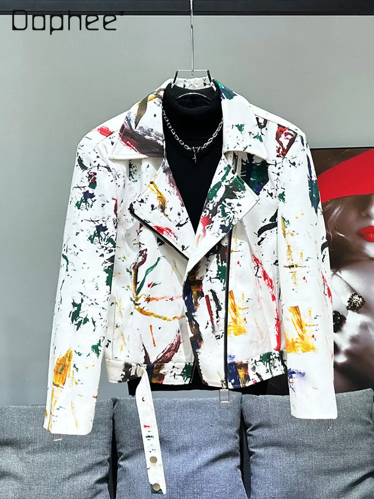 2026 Spring Autumn New Men American Street Biker Style Ink Splash Print White Casual Zip Up Jacket for Daily Wear