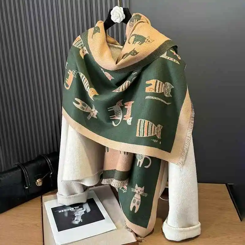 

Двусторонний двойной шарф из искусственного кашемира с милым мультяшным котом, женский зимний утолщенный теплый и морозостойкий шарф, шаль для студентов