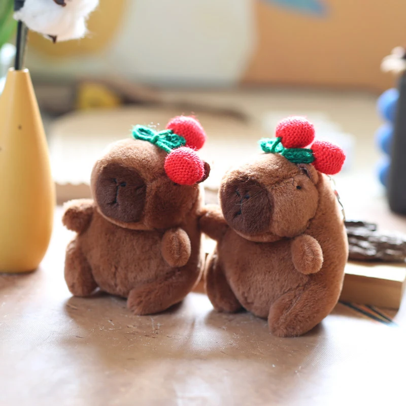 Cute Cherry Capibara Kapibara Plush Toy Cartoon Guinea Pig Pendant Soft Stuffed Doll Keychain Backpack Car Bag Key Ring Kid Gift