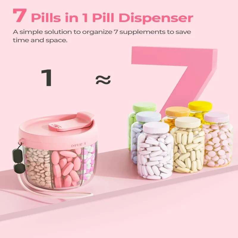 Tragbare Aufbewahrungsbox für Vitaminergänzungsmittel mit 7 Fächern, Energie-Boost-Kapsel-Organizer mit verwirrungsreduzierendem Design – Detail 3
