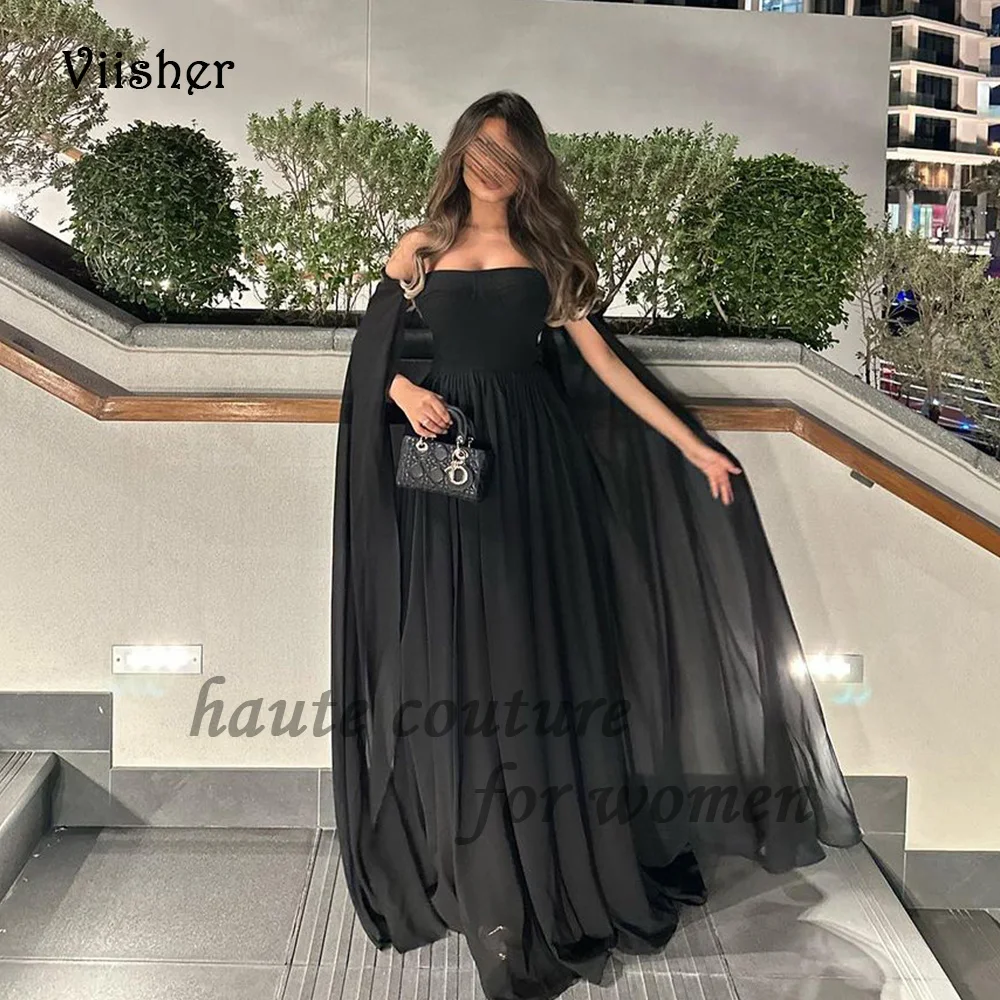 

Viisher Black Chiffon A Line Evening Party Dresses Strapless Long Elegant Arabic Dubai Prom Dress with Cape Formal Gowns