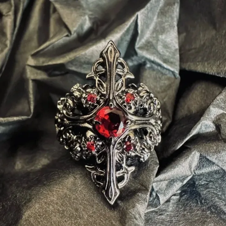 Gothic Punk Style Red Zircon Inlay Black Color Cross Adjustable Rings for Women Middle Ages Rings Party Jewelry Accessories