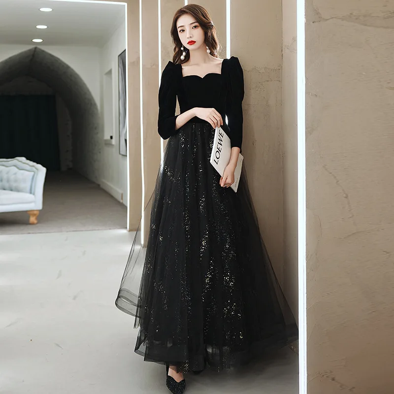 Black Long Sleeve Host Evening Party Dressing Gown Women Tube Top Temperament Cheongsam Vestidso 2022 Summer New Long Qipao