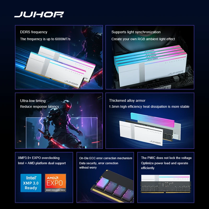 JUHOR Memoria Ram DR5 RGB 16GB 6000MHz 6800MHz 7200MHz 8000MHz