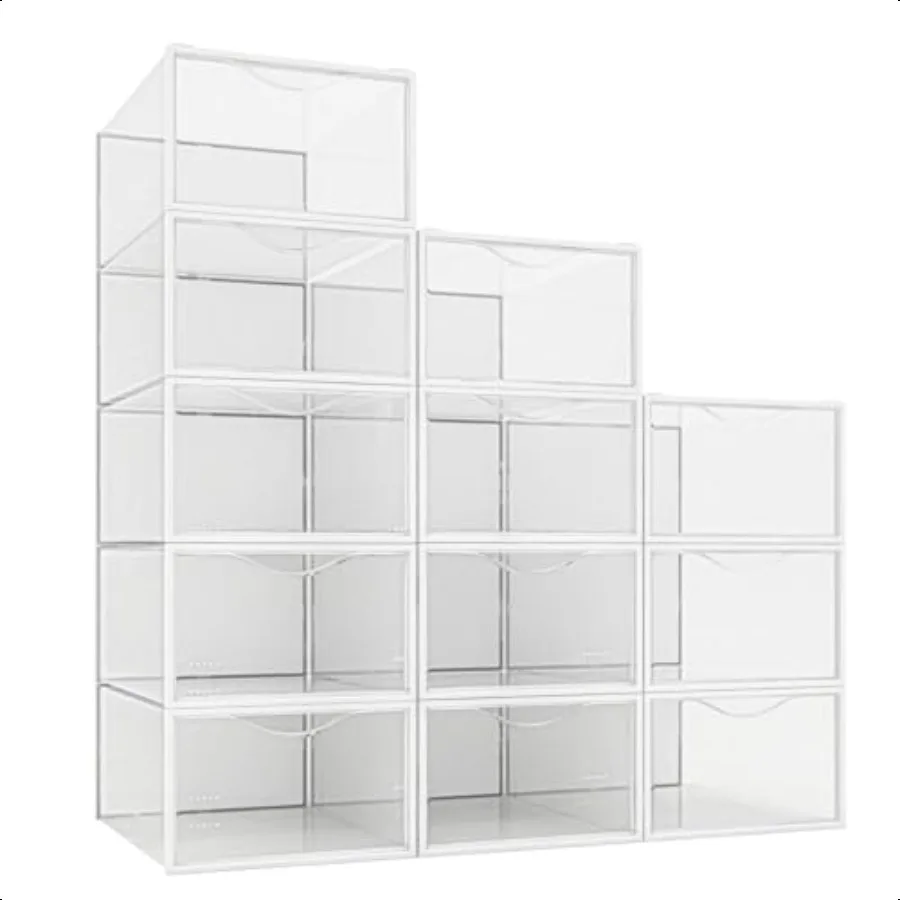 12 Pack Shoe Storage Bins Clear Plastic Stackable Shoe Organizer for Closet Space Saving Foldable Shoe Rack Shoe Box Sneaker Ho
