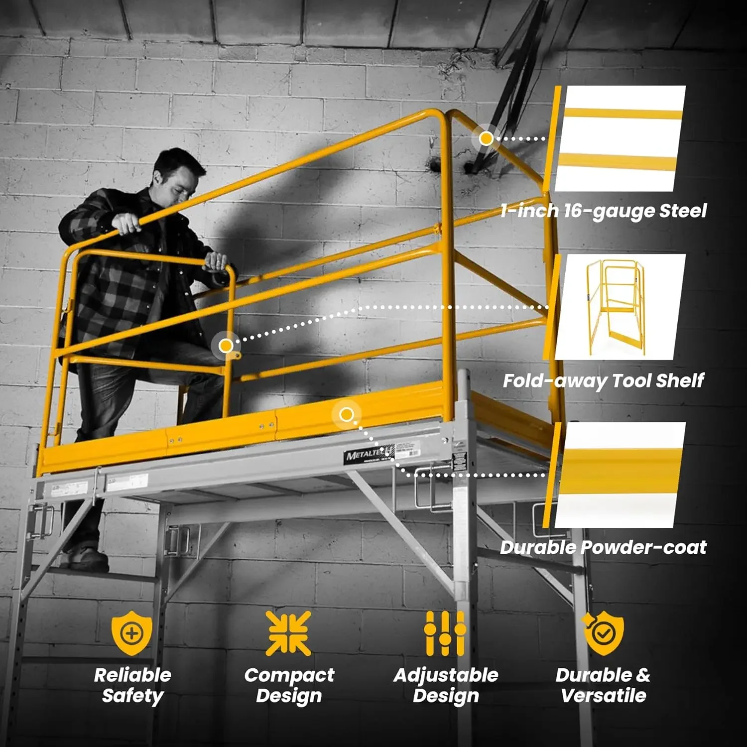 Versatile 6 Foot Metal Guardrails System Accessory Baker Style for Select Jobsite Series Scaffolding Platform with Non Slip Deck