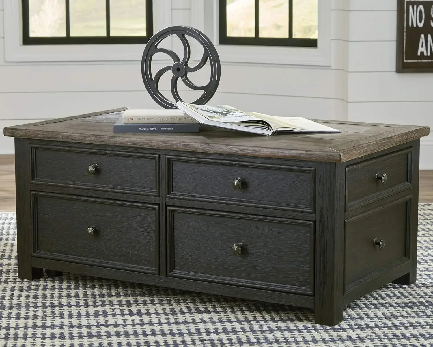 Tyler Creek Rustic Farmhouse Lift Top Coffee Table with Drawers, Brown & Black