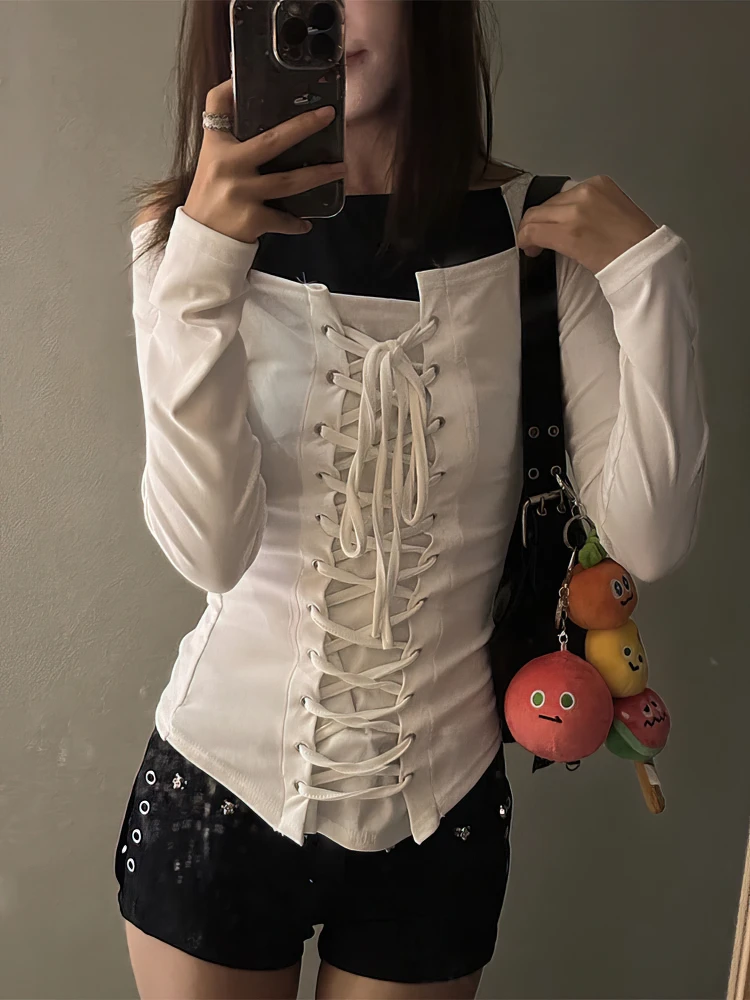 ضمادة طويلة الأكمام تي شيرت المرأة الأبيض الأساسية قبالة الكتف الأعلى سليم صالح الدانتيل يصل القوس تعادل بلوزة مثير تيز تونك قميص