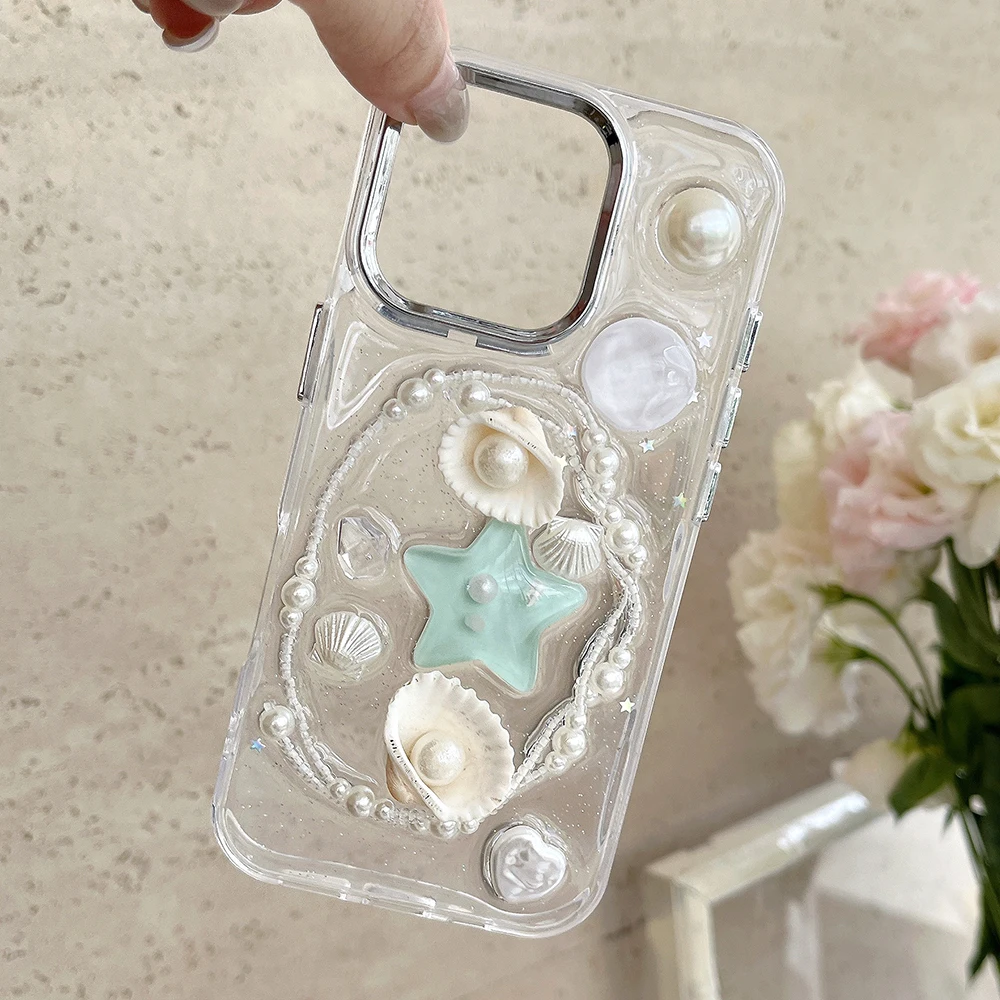 Niedliche 3D-Handyhülle mit Seestern, Schleife und Muschel für iPhone 18 17 16 15 14 13 12 11 Pro Max, glitzernde Pailletten, stoßfeste weiche Silikonhülle – Detail 3