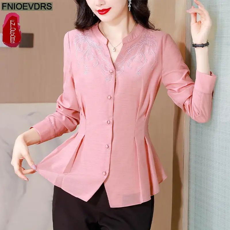 Loose Clothes Women 2024 Autumn Elegant Office Lady Button Shirts Casual Retro Vintage Embroidery Tunic Peplum Tops Blouses