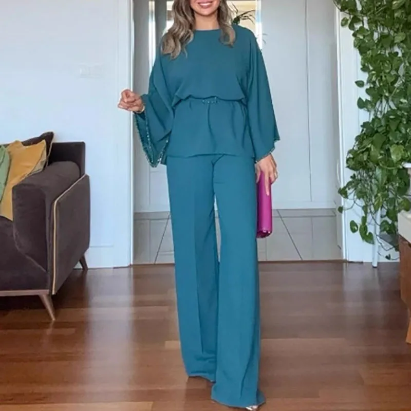 

Осенний женский топ и брюки с круглым вырезом и длинными рукавами, новый офисный модный однотонный костюм, новый темпераментный свободный комплект из двух предметов