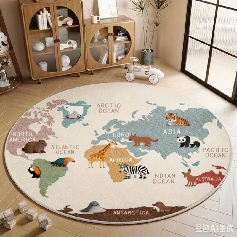 1PC Newest 2D Round Carpet Cartoon World Map Animal Print Round Rug Non Slip Educational Play Floor Carpet