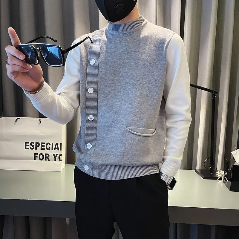 

Мужской зимний повседневный трикотажный свитер с длинным рукавом, имитация двухслойности, с пуговицами, приталенный крой, базовый слой