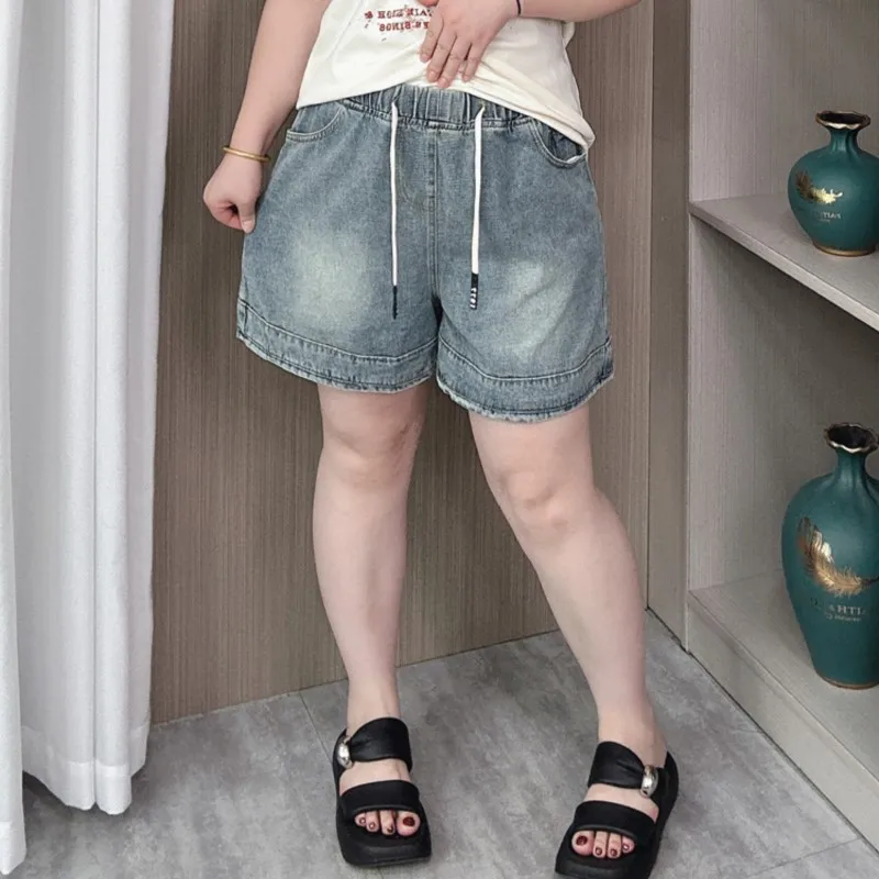 Elastic Waist Denim Shorts Women 2024 Summer New Plus Size Loose Thin Casual Wide Leg Jeans