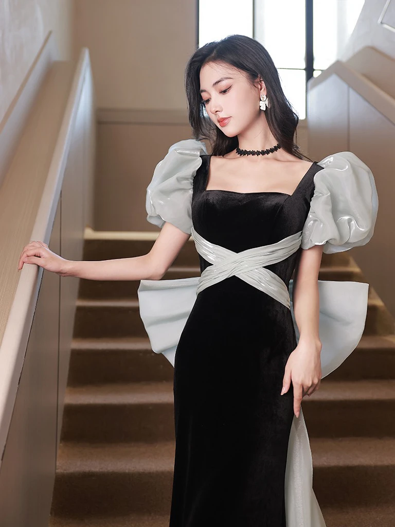 Black Velvet Prom Dress Puff Sleeve Bow Tailed Square Collar Zipper Mermaid Wedding Guest Evening Bridesmaid Party Gown