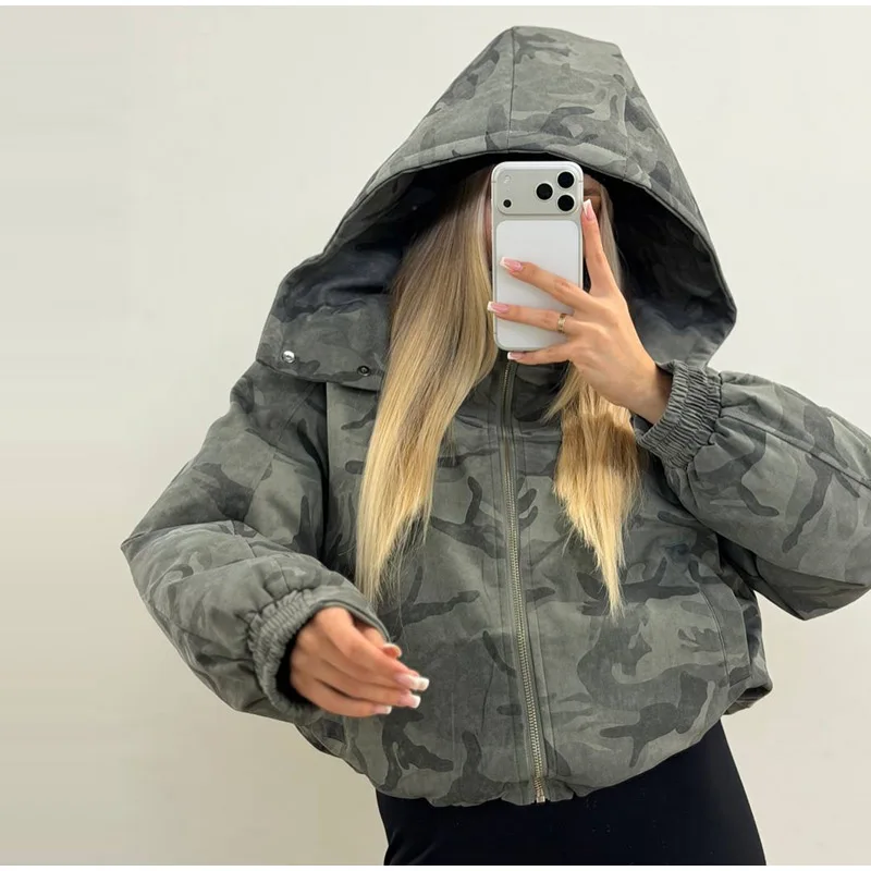 Camo Print Hooded Puffer Jacket Chic Zip Up Stand Collar Elastic Cuff Warm Cropped Coat 2026 Women Winter Commute Street Jackets