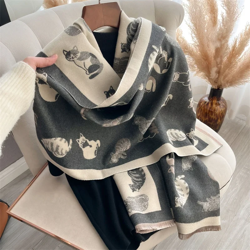 2024 Luxury Cute Cat Print Scarf for Women Warmer Winter Cashmere Pashmina Scarves Shawls Female Thick Blanket Wraps Foulard