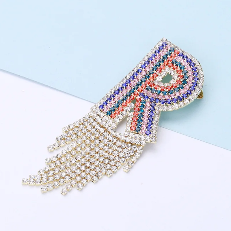 Grandbling Handmade Rhinestone Rainbow Color Full Rhinestone Letter Brooch  Tassel Lapel Pin