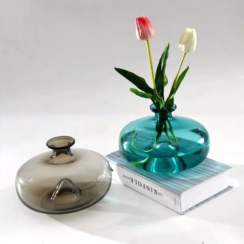 

[Tong Yuan] Vase ornament Living room flower arrangement water raising flowers blue round flat flower