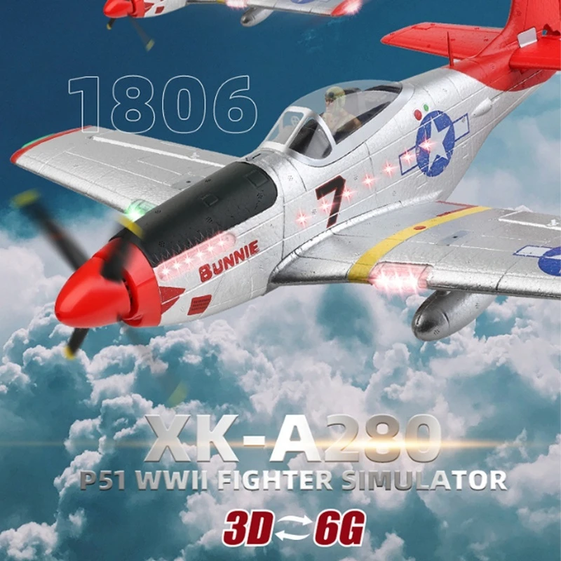 XK A280 RC Vliegtuig 2.4G 4CH 3D6G Modus Vliegtuigen P51 Vechter Simulator met LED Zoeklicht RC Vliegtuig Speelgoed voor kinderen Volwassenen