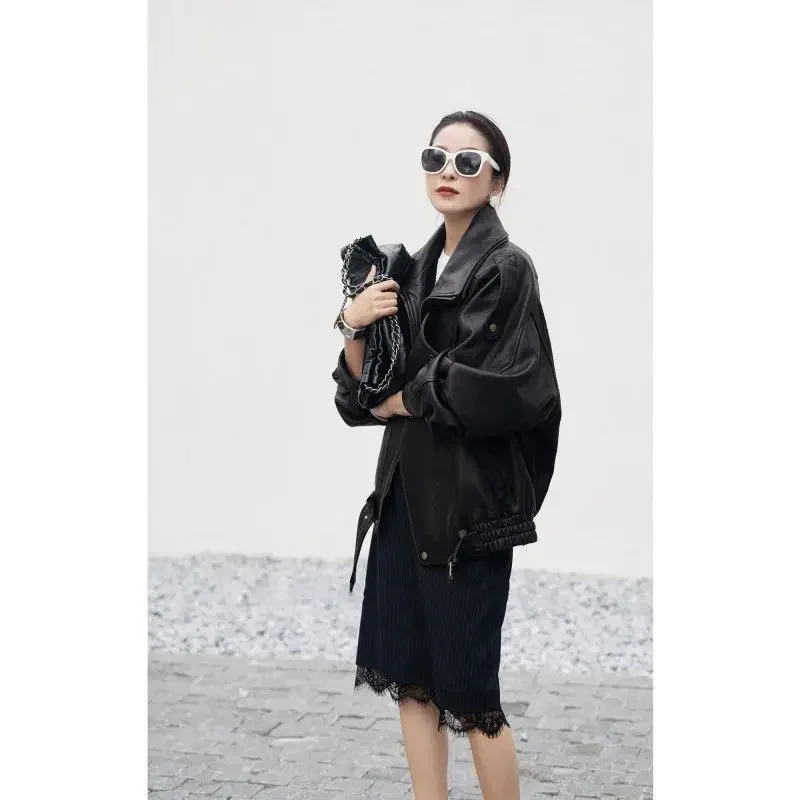 Moda e high-end resistente gola dupla jaqueta de couro para o outono feminino novo casaco solto da motocicleta