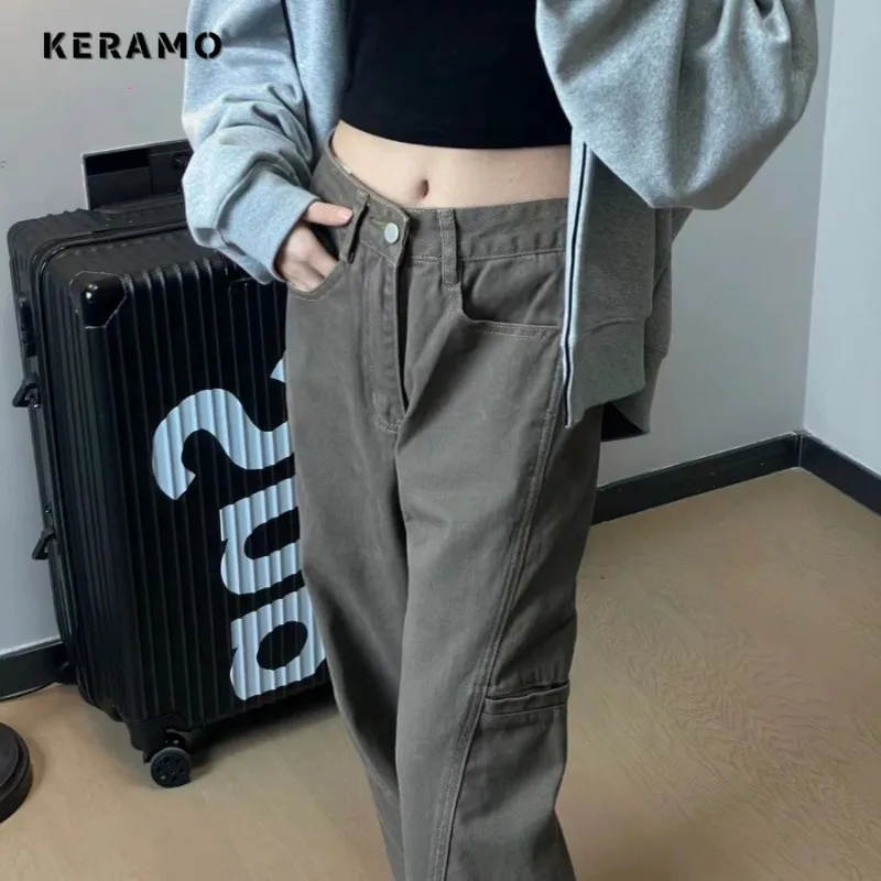 Women's Casual Solid Harajuku Jeans Vintage Aesthetic Mop Loose Washed Pants 2025 Autumn Y2K Wide Leg Punk Baggy Denim Trouser