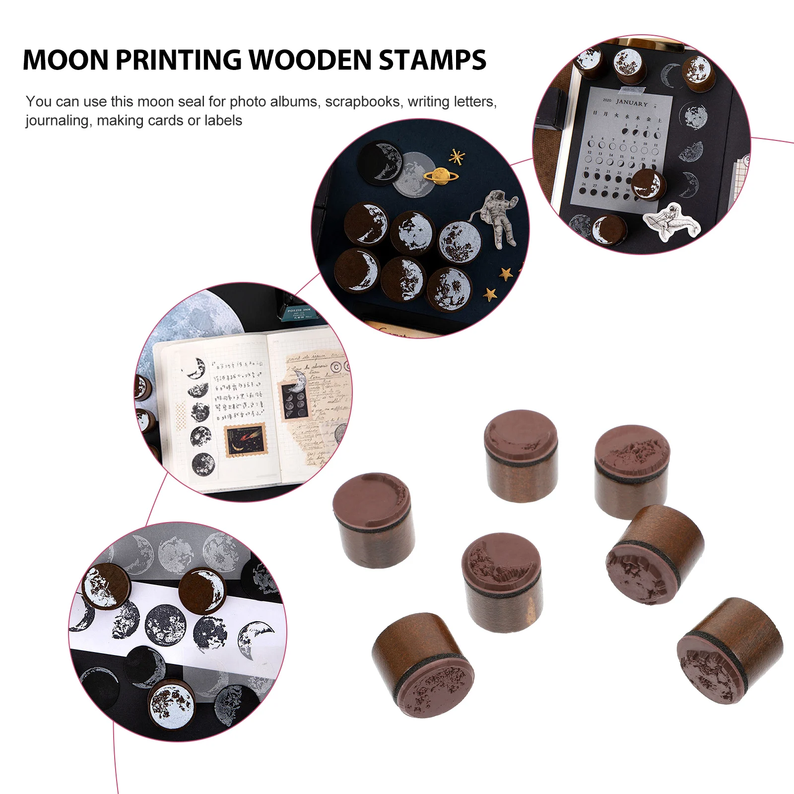 

7pcs Moon Theme Wooden Stamps Creative Wood Seal Decorative Crafts Scrapbooking Journaling Card Making Clear Printing Retro