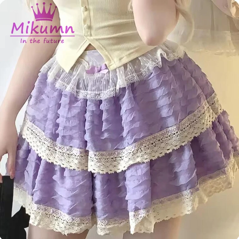 Mikumn Japanese Kawaii Lolita Skirt Women Y2k Sweet Bow Lace Ruffles Pleated Cake Skirt Harajuku Girls Cute A-line Mini Skirts