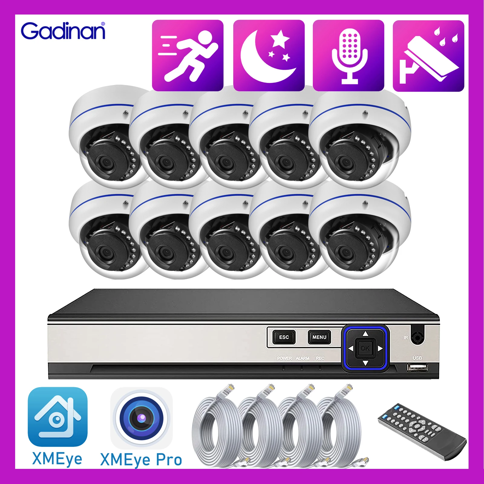 Gadinan Outdoor Dome 4K 8MP POE 10CH NVR IP Camera System Kit Security Vandalproof Audio Motion Detection CCTV Home Video Set