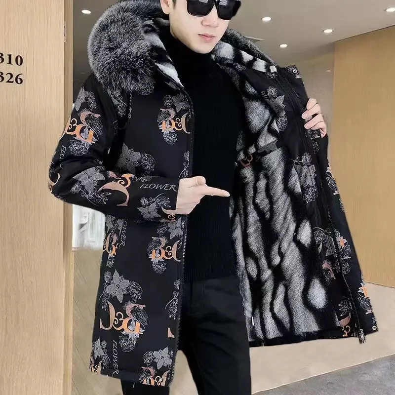 Cotton-Padded Coat Winter Men's Warm Parkas Coat Fashionable Mid-Length Thickened Jacket Brand Letter Print Fur collar