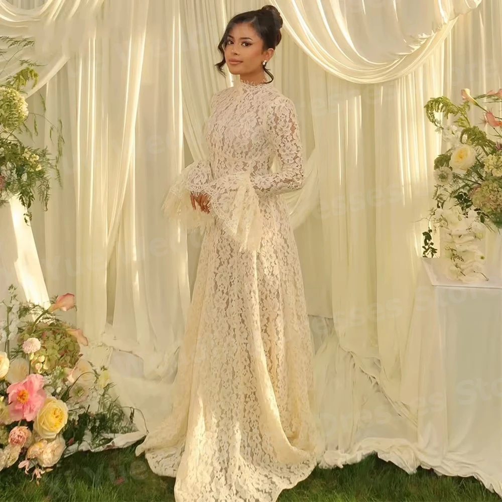 2026 Luxuriöses A-Linien Brautkleid mit Spitze, hohem Kragen und langen Ärmeln, Vestido De Novia, Brautkleid nach Maß, Robe De Mariée