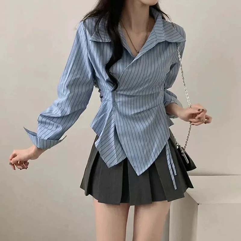 

Chic Slim Striped Shirt Women Elegant Korean Long Sleeve Blouse Casual Button Irregular Female Spring Sweet Chic All Match Tops