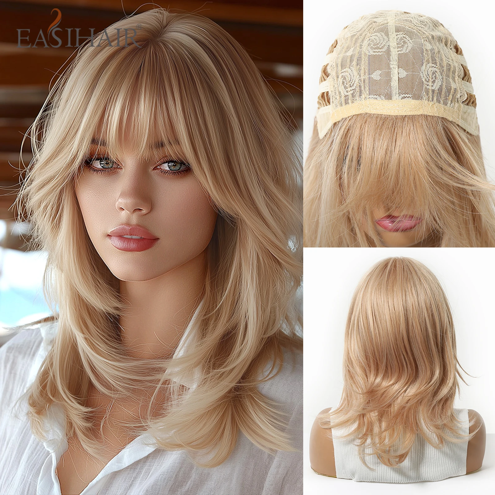 EASIHAIR – perruque synthétique blonde ondulée de longueur moyenne avec frange pour femmes, perruques naturelles résistantes à la chaleur, pour usage quotidien, fête, cosplay