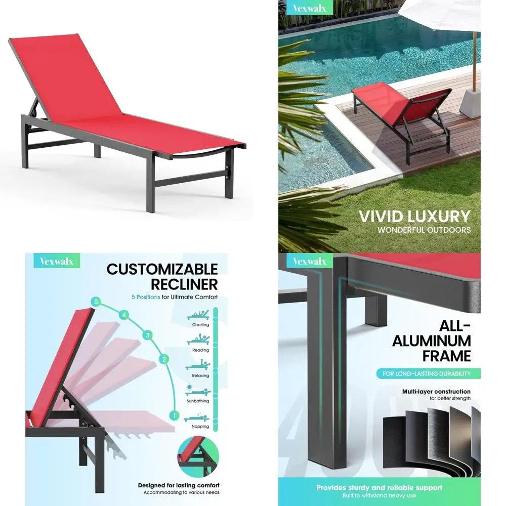 Aluminum 5-Position Adjustable Chaise Lounge Chairs for Outdoor Poolside Relaxation, Backyard Patio Furniture