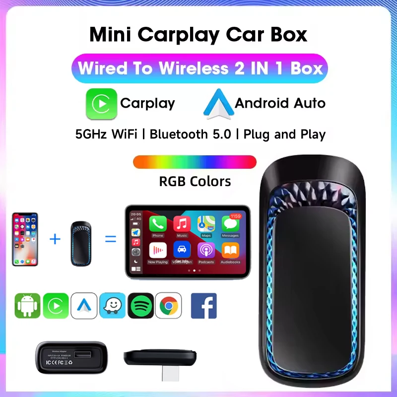 

Новый беспроводной адаптер 2-в-1 360 градусов CarPlay Android AUTO Автомобильный ключ USB Smart Mini Box Plug & Play WiFi Быстрое подключение